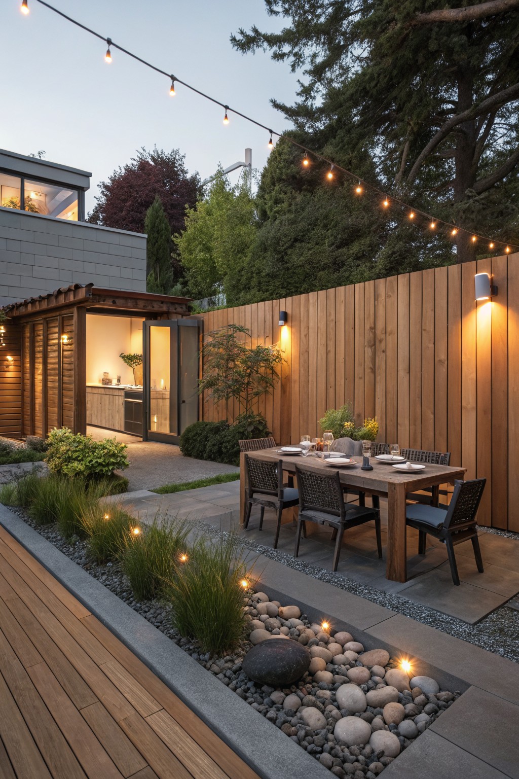 Backyard patio with wooden dining table and chairs, open pavilion containing an outdoor kitchen, landscaped gravel and grass borders, pebble garden bed with boulders, string lights overhead, wall-mounted lights on tall wooden fence, at dusk.