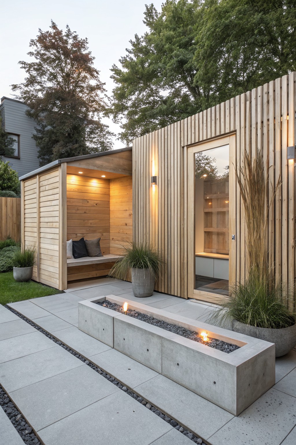 Tall vertical slat wooden fence enclosing a cedar garden cabin with covered bench nook, glass entry door, linear concrete fire pit, and potted grasses on a paved backyard patio.