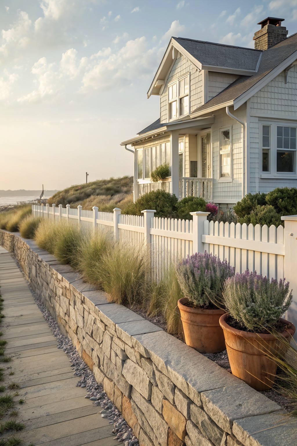 Light gray shingled coastal house next to a white wooden picket fence along a stone retaining wall pathway lined with tall beach grasses and terracotta pots of lavender plants.