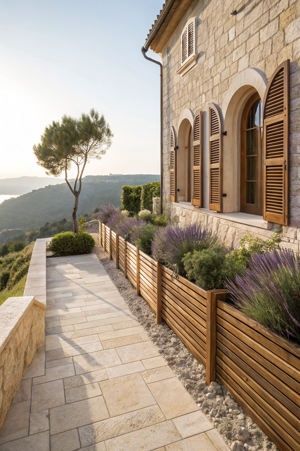 Stone pathway bordered by wooden slat fences used as raised planters with lavender and greenery, next to a beige stone house with arched windows and wooden shutters, overlooking hills and water at sunset.