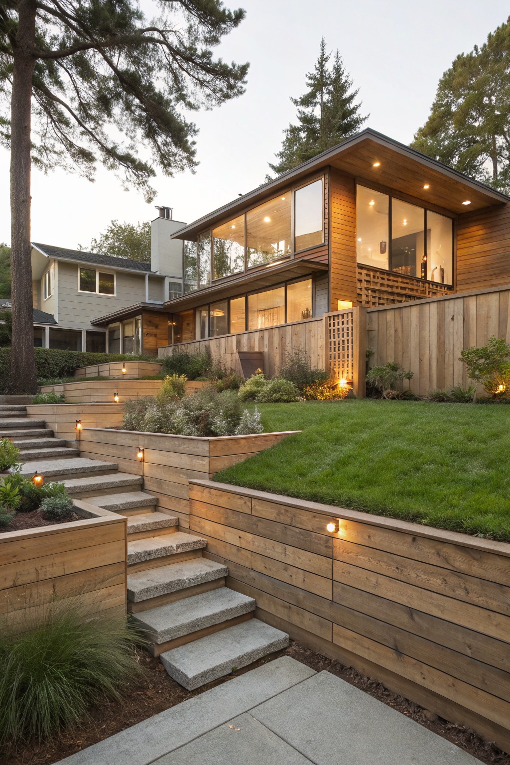Sloped backyard featuring horizontal cedar wood retaining walls forming terraces with grass, plants, stone steps, integrated low-voltage lights, and a matching wooden house and fence at dusk.