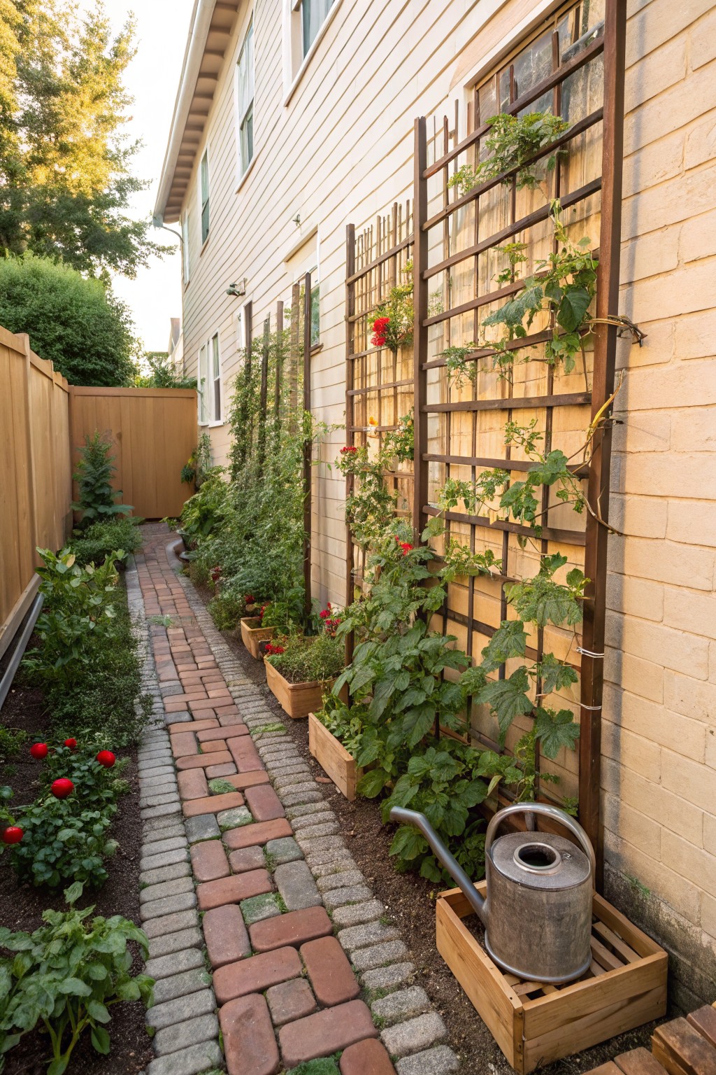 Narrow brick pathway in a side yard between a wooden fence and beige house wall, lined with multiple tall wooden trellises supporting climbing tomato and bean plants, plus potted flowers and a metal watering can in a wooden crate.