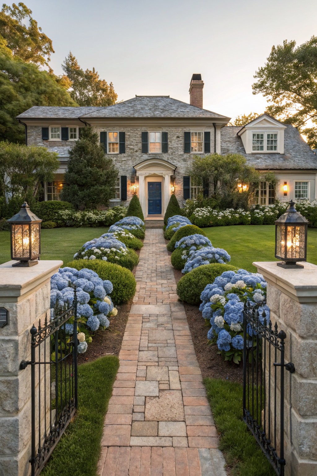 Front exterior of a stone house with a central blue front door, flanked by brick pathway lined with blue hydrangea shrubs, stone pillars topped with lanterns, and black wrought iron gates.