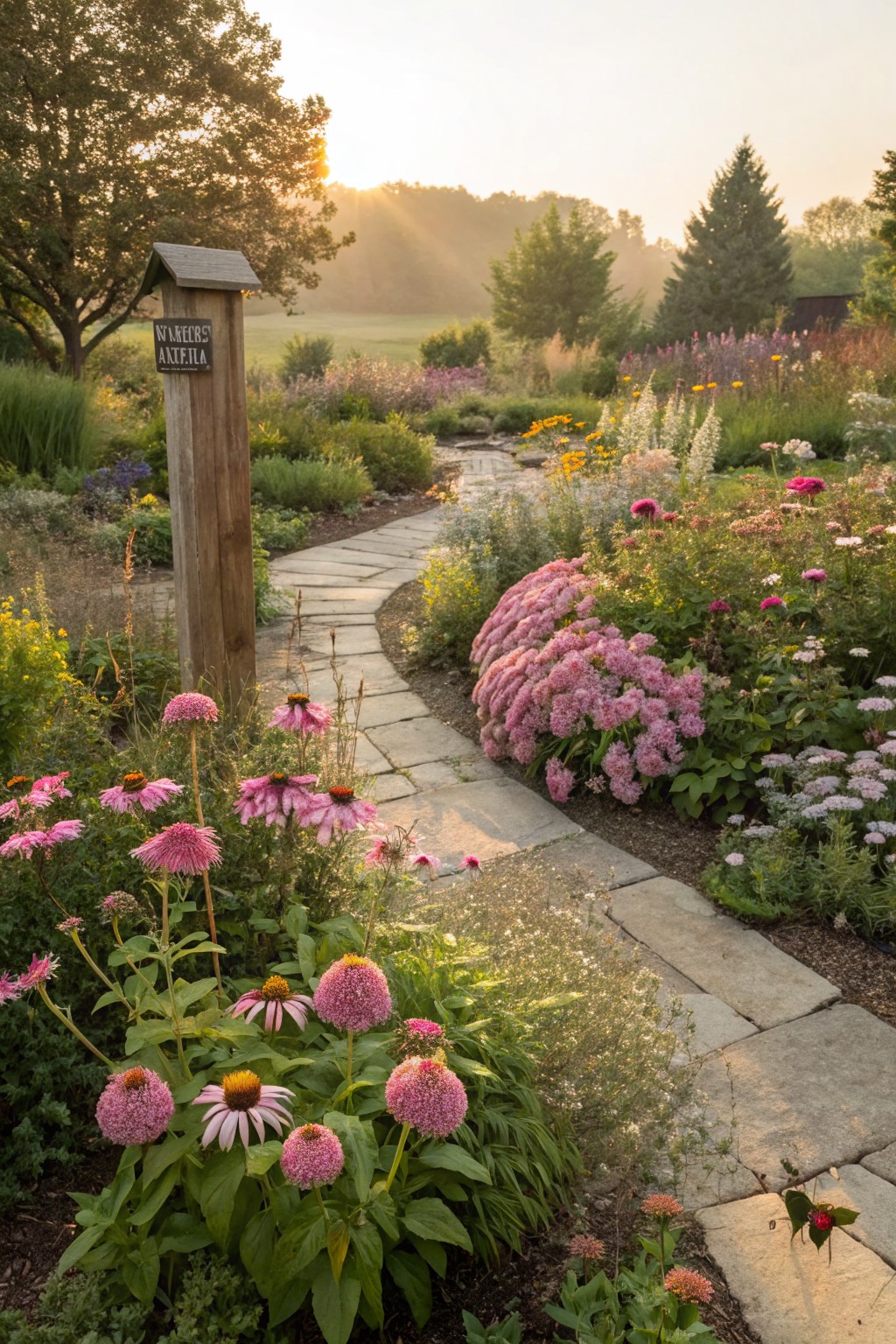 Winding stone path curving through garden beds planted with pink coneflowers, hydrangea bushes, and various perennials, with a wooden post sign labeled Akebia nearby and trees and fields in the background under morning sunlight.