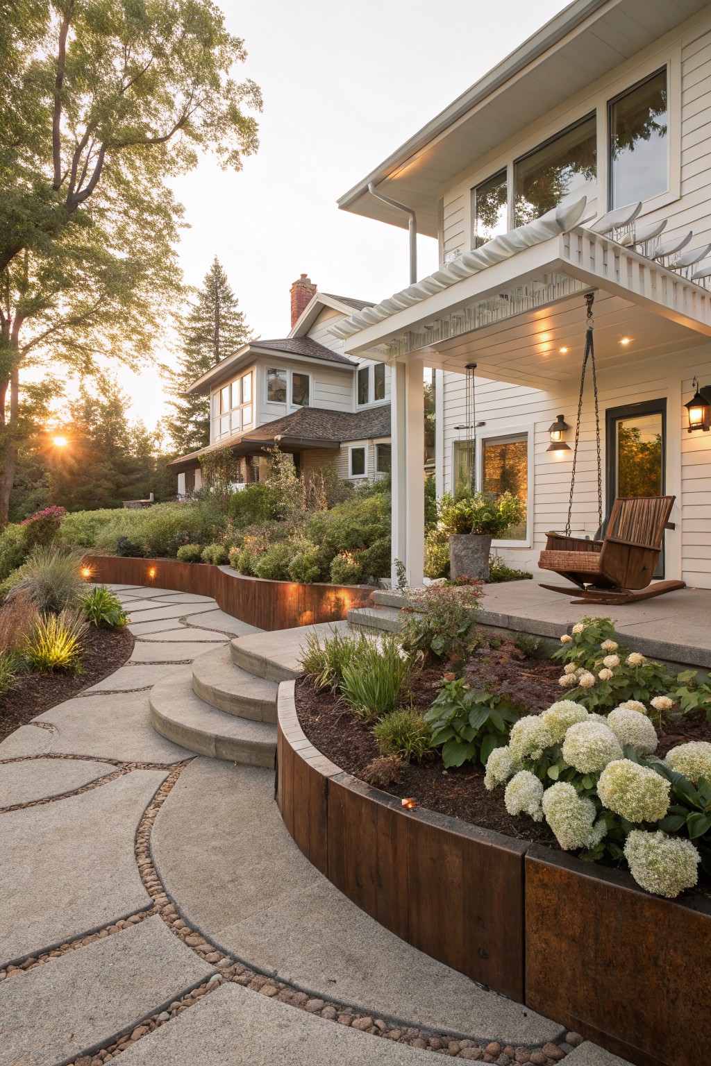 White house with wooden porch swing and steps, curved concrete path with pebble borders leading uphill through raised planting beds of white hydrangeas and other greenery, corten steel and wood edging, trees and sunset in background.