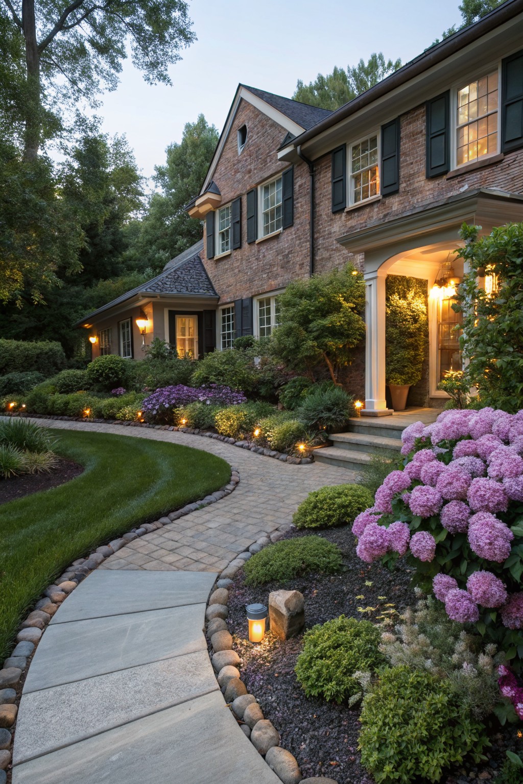 Two-story brick house at dusk with a curving gray stone pathway bordered by large purple hydrangea blooms, shrubs, mulch beds, and low landscape lights leading to a columned front porch entrance.