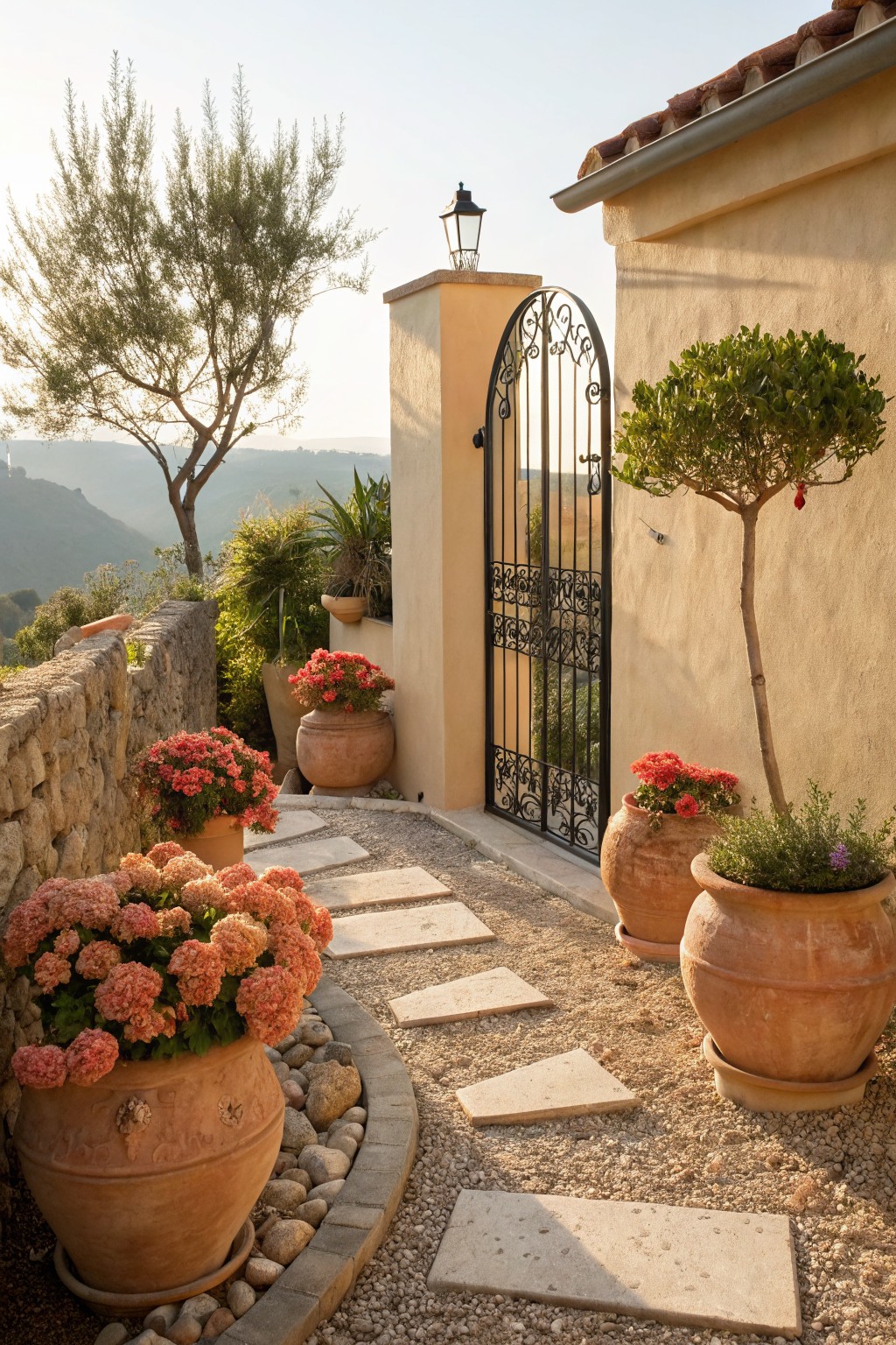 Stone path winding through a garden lined with large terracotta pots of orange clustered flowers, leading to a black wrought-iron gate beside a beige stucco wall, with olive trees, potted plants, and distant hills at sunset