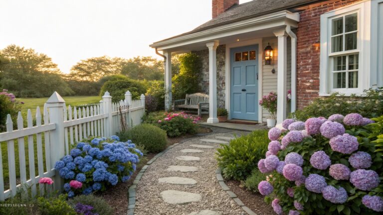 Shingled cottage house with red front door and porch light, white picket fence enclosing a gravel path of irregular stepping stones lined by purple and blue hydrangea blooms, perennials, and shrubs.