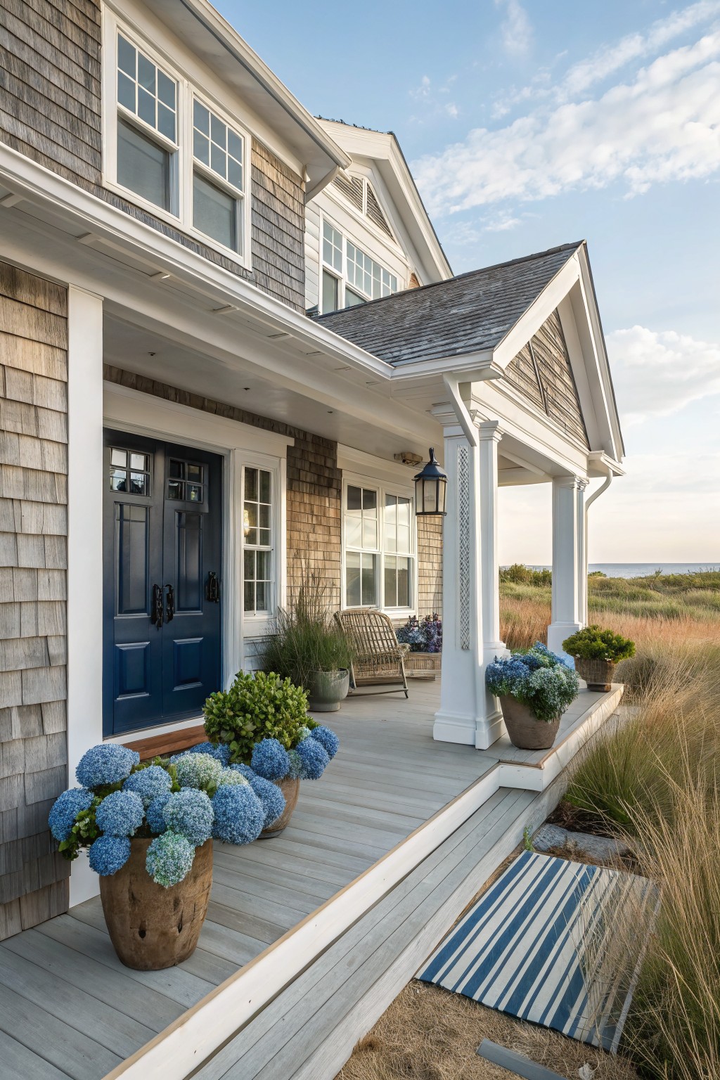 Shingle-clad house exterior with navy blue double doors under a white-columned porch, gray wood deck steps holding multiple large terra cotta pots overflowing with blue hydrangea blooms, potted grasses nearby, and beach dunes in the background.