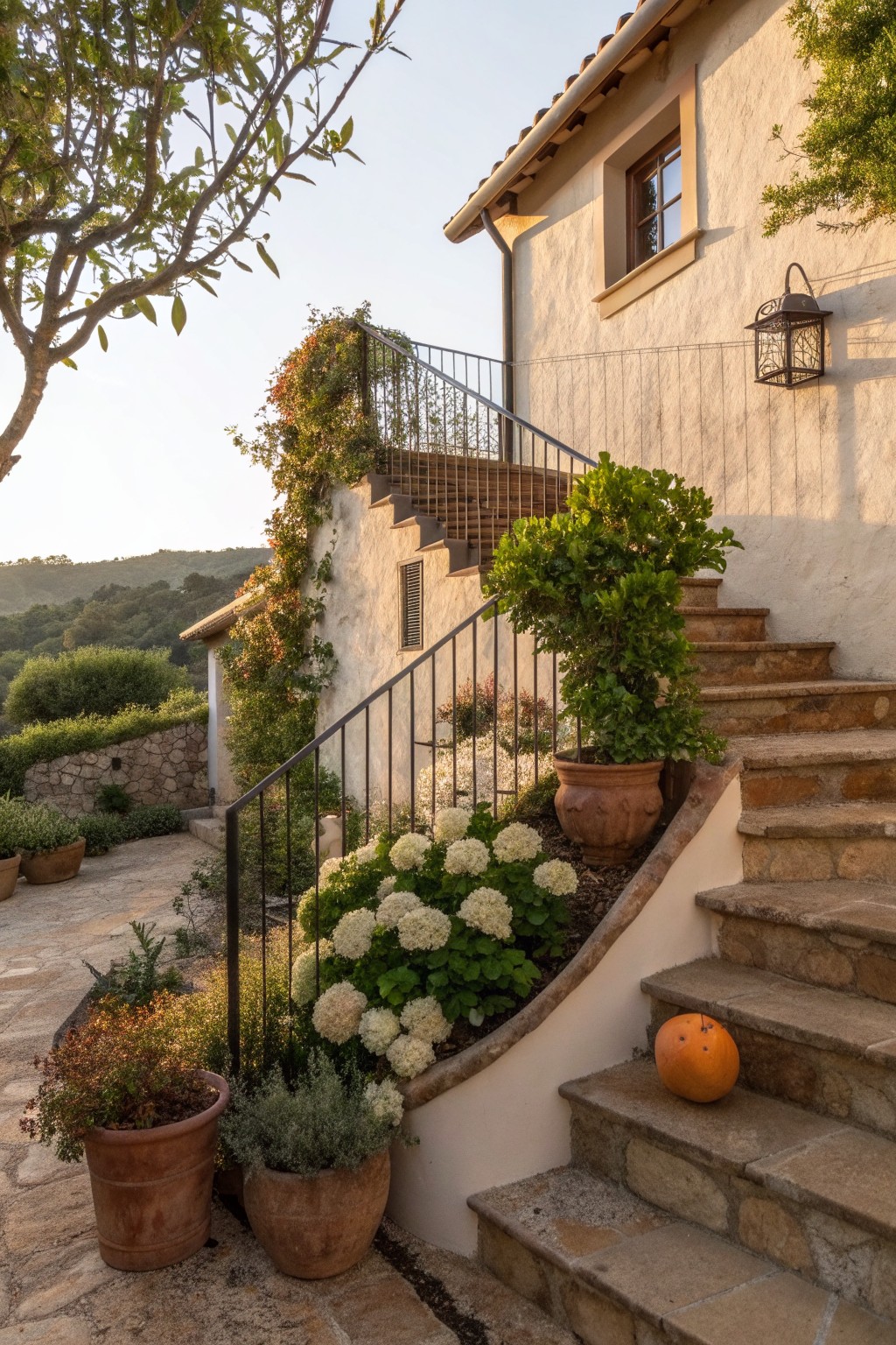 Curved stone steps ascending to a white stucco house wall with a window and lantern, flanked by white hydrangea bushes in beds and terracotta pots, plus climbing vines and other plants on a hillside.
