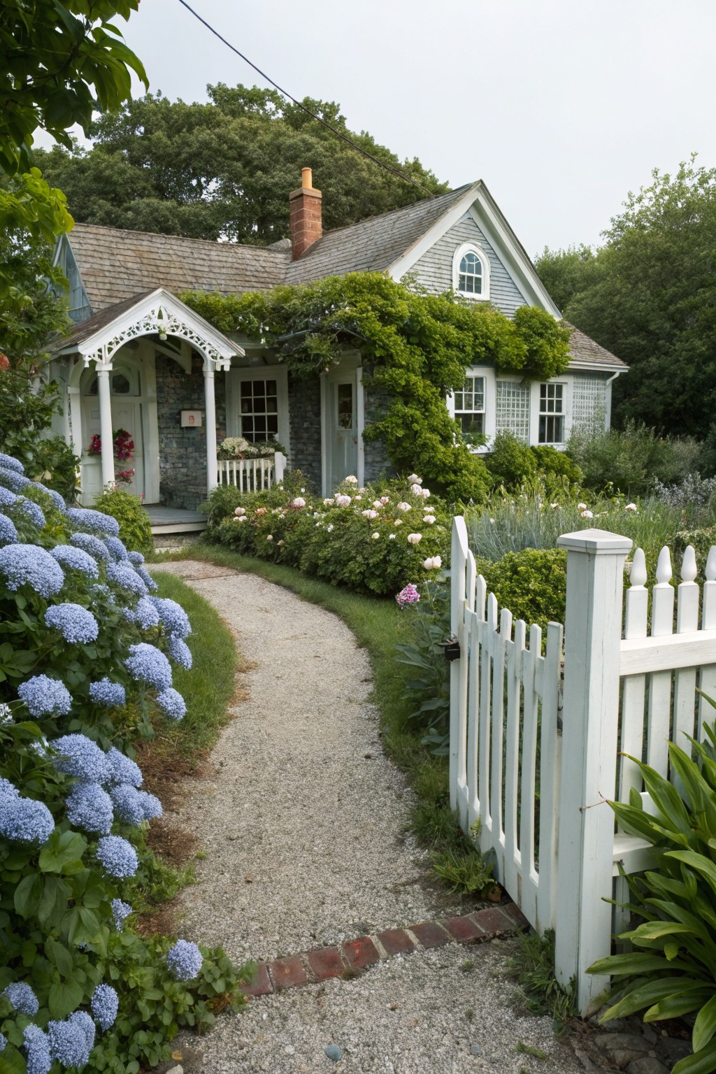 Shingle cottage with covered front porch and white door, approached by curved gravel path edged with large blue hydrangea bushes and white picket fence gate amid garden plantings.