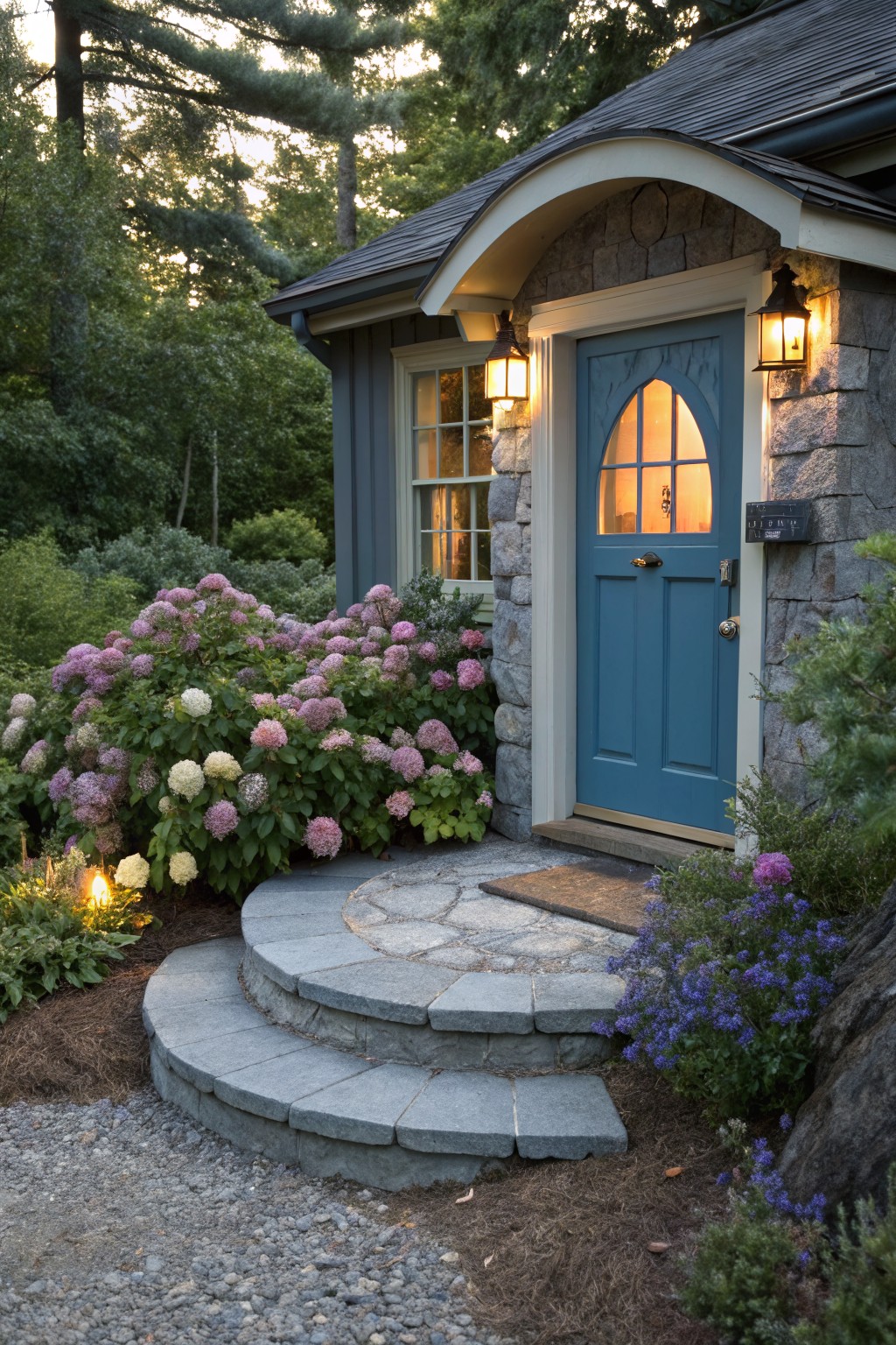 Stone cottage front entrance with arched blue door and window, flanked by large pink and white hydrangea bushes beside curved stone steps leading from a gravel path, surrounded by woods and garden plants.