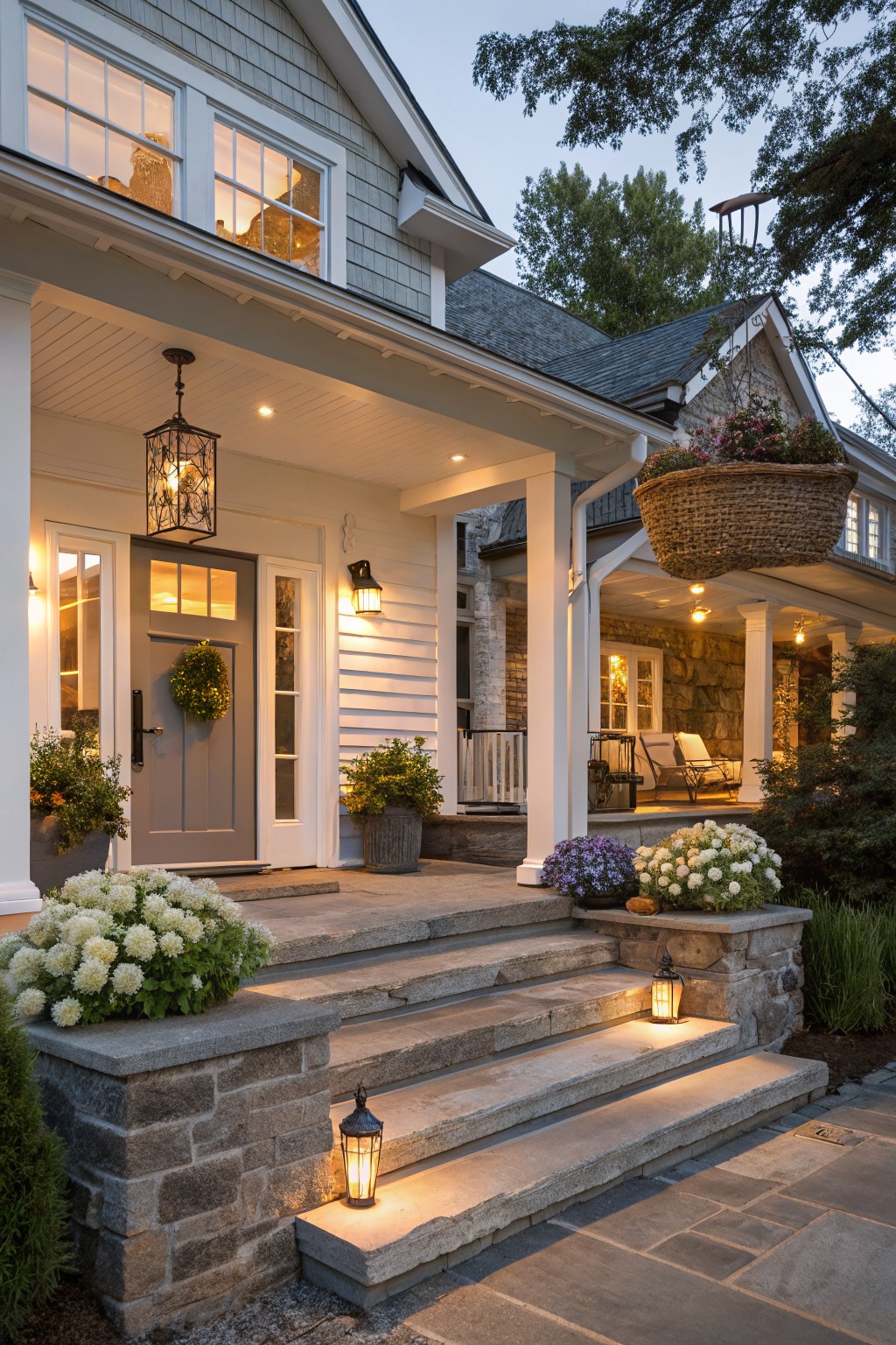 Gray front door with wreath on a white porch of a shingle-style house, stone steps flanked by potted white hydrangeas and lanterns, with additional plants and hanging basket nearby at dusk.
