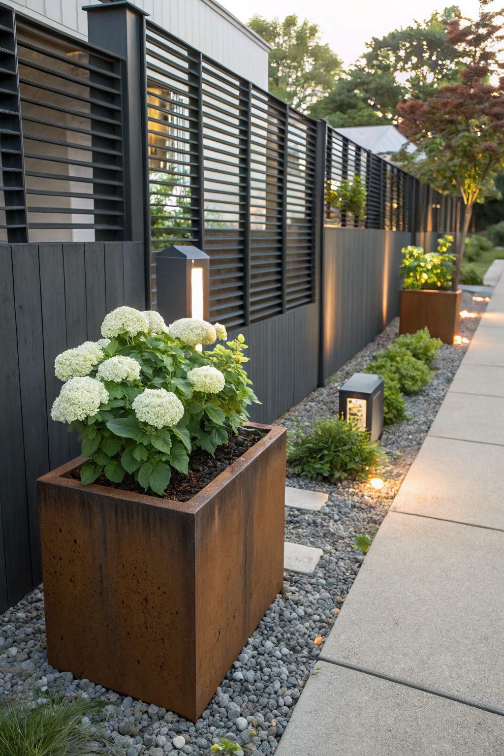 Close view of a corten steel square planter filled with blooming white hydrangea next to a gravel pathway, low groundcover plants, bollard lights, and a dark slatted fence beside a modern house wall.
