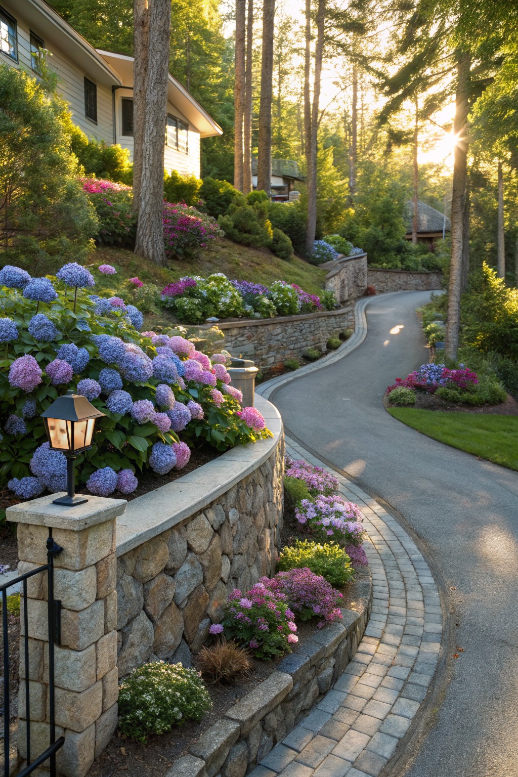 Hydrangeas Massed in Stone Retaining Walls