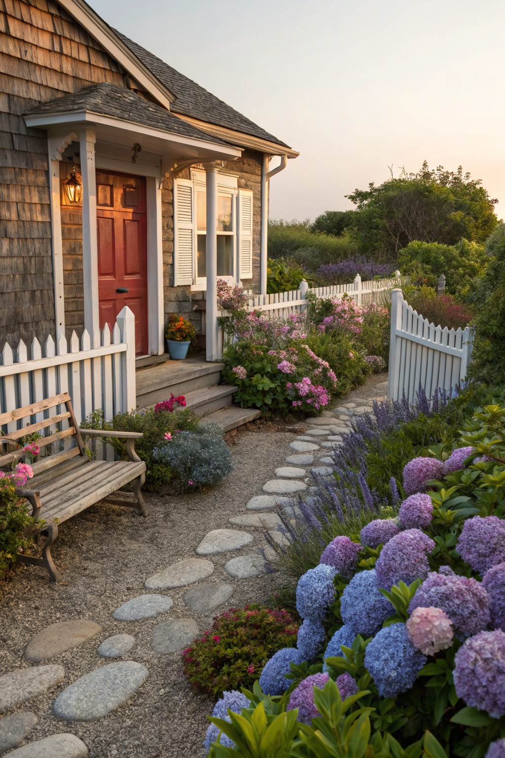 Shingled cottage house with red front door and porch light, white picket fence enclosing a gravel path of irregular stepping stones lined by purple and blue hydrangea blooms, perennials, and shrubs.