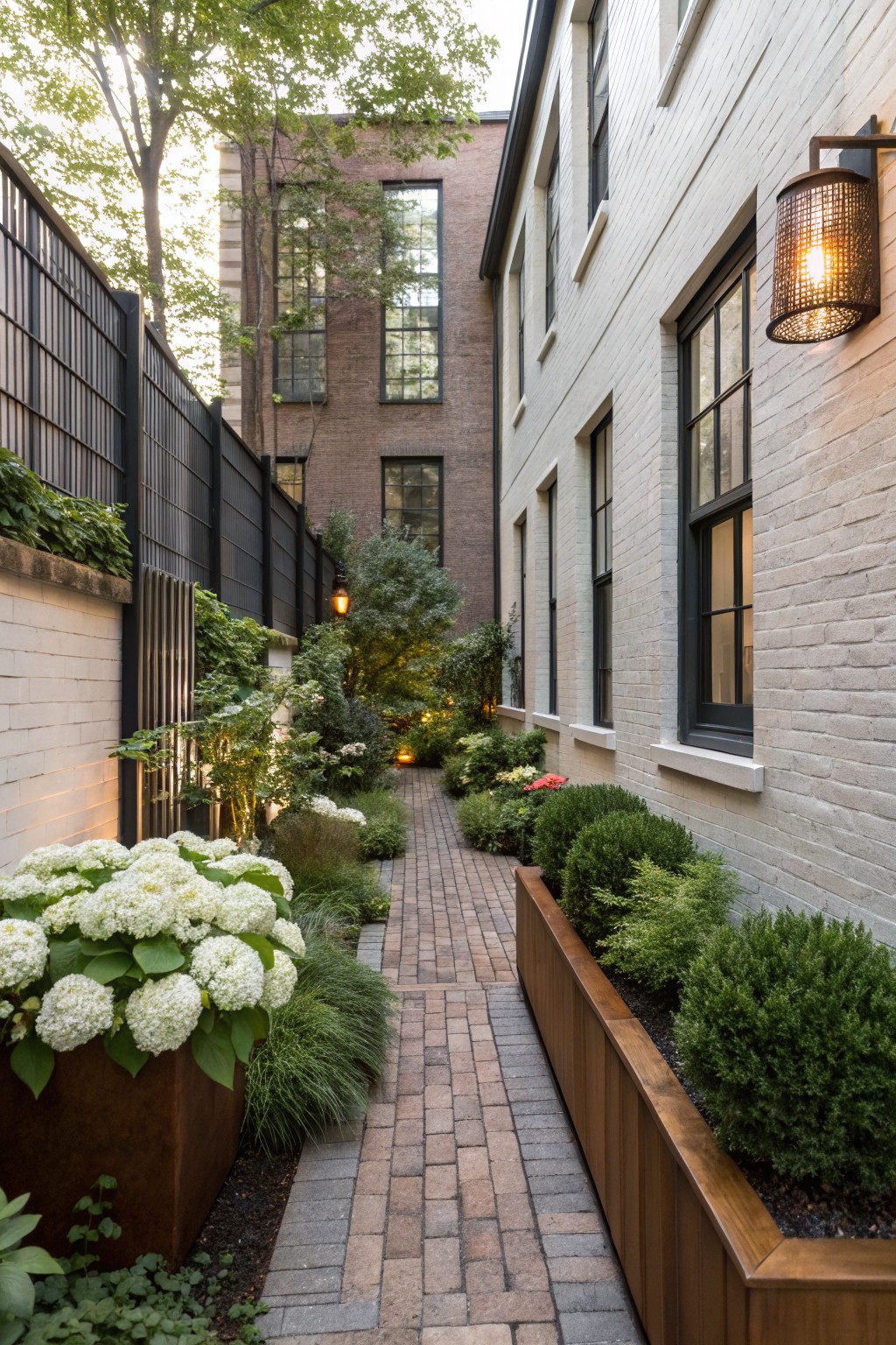 Narrow brick pathway between white brick wall and black metal fence, lined with large white hydrangea blooms in a rust-colored planter, ornamental grasses, boxwood shrubs in wooden planters, and wall lanterns.