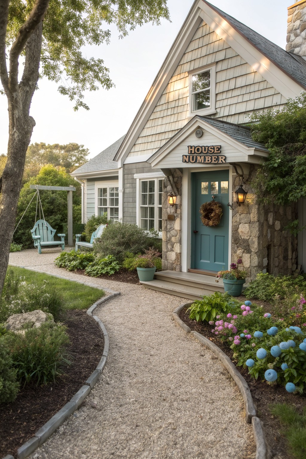 Shingle-style house with gray siding, blue front door in a stone entryway with lanterns and wreath, approached by curved gravel path edged in dark wood timbers and lined with blue hydrangea bushes, pink flowers, hostas, and other greenery, plus Adirondack chairs on a wooden swing frame nearby.
