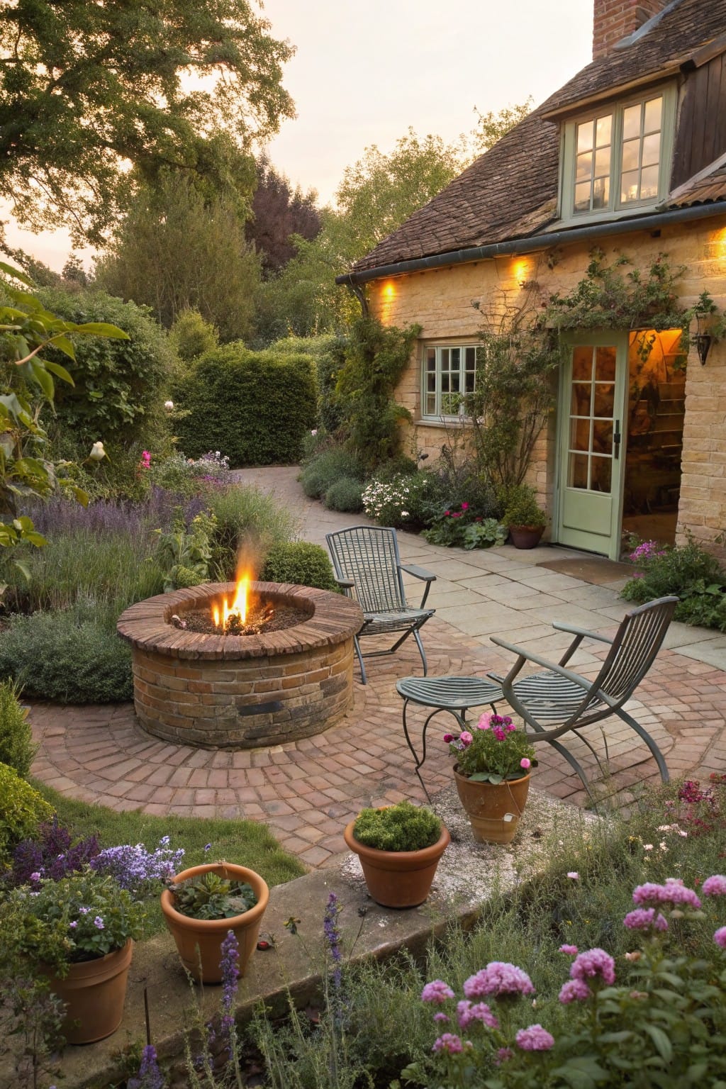 Circular brick fire pit on a curved brick patio with two metal armchairs, surrounded by potted plants, lavender, and flowering shrubs next to a stone cottage house in evening light.