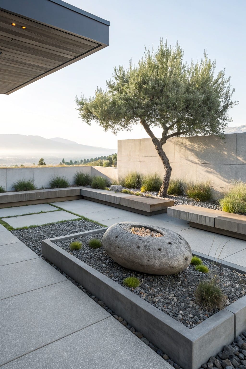Outdoor terrace with a large oval boulder fire pit in a rectangular concrete-edged gravel bed containing grasses, surrounded by L-shaped built-in concrete benches, grasses along a tall concrete wall with an olive tree, and distant mountain views.