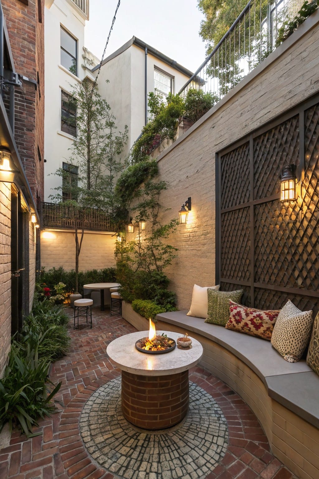 Small enclosed courtyard with brick pavers, central round stone-topped fire pit table on brick base surrounded by curved concrete bench with cushions, plants, small table with stools, and wall lanterns.