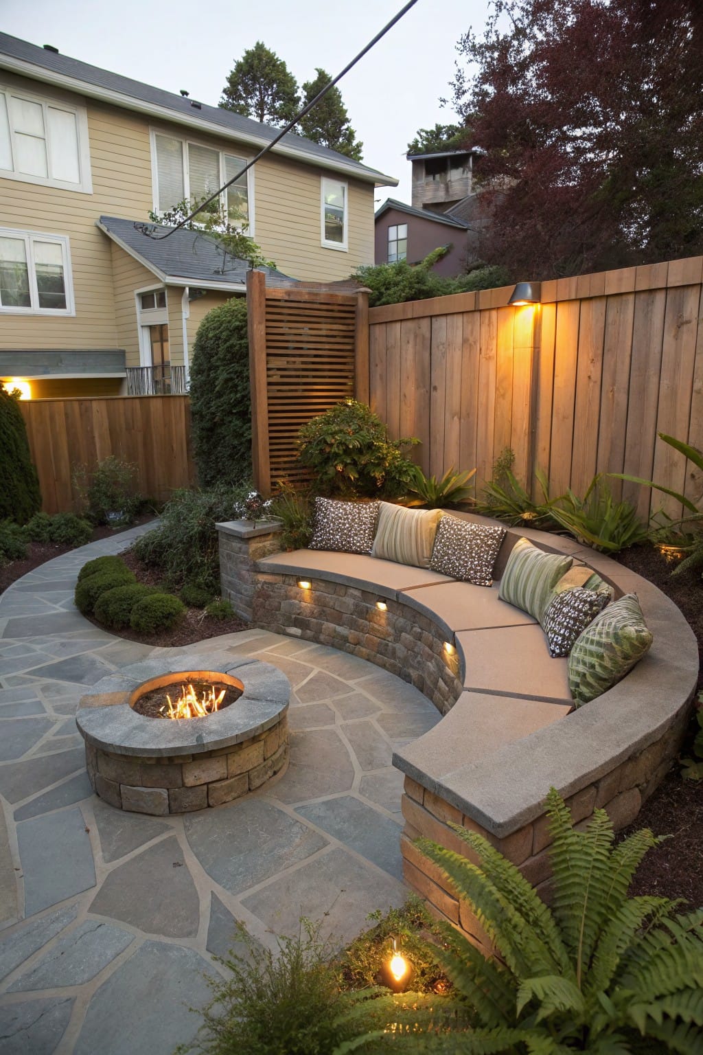 Curved built-in stone bench with cushions encircling a lit circular stone fire pit on slate pavers in a backyard with plants, wooden fences, and landscape lighting.