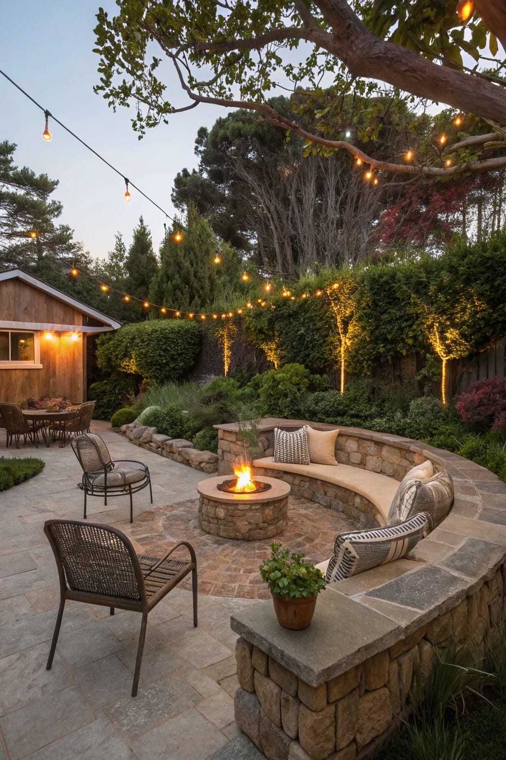 Outdoor patio with a circular stone fire pit at center surrounded by curved built-in stone bench with cushions, two wicker chairs nearby, potted plant on wall, wooden shed structure, string lights overhead, and surrounding greenery and trees at dusk.