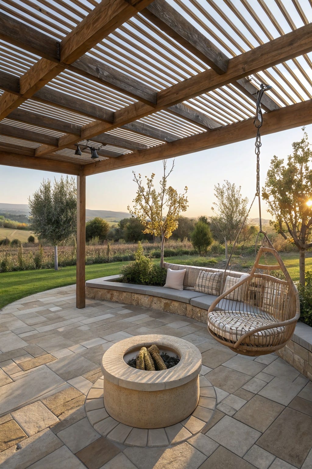 Outdoor covered patio with wooden pergola, central circular stone fire pit burning wood, curved gray stone bench seat, hanging wicker swing chair with cushions, paver flooring, and surrounding grass, trees, and hills at sunset.