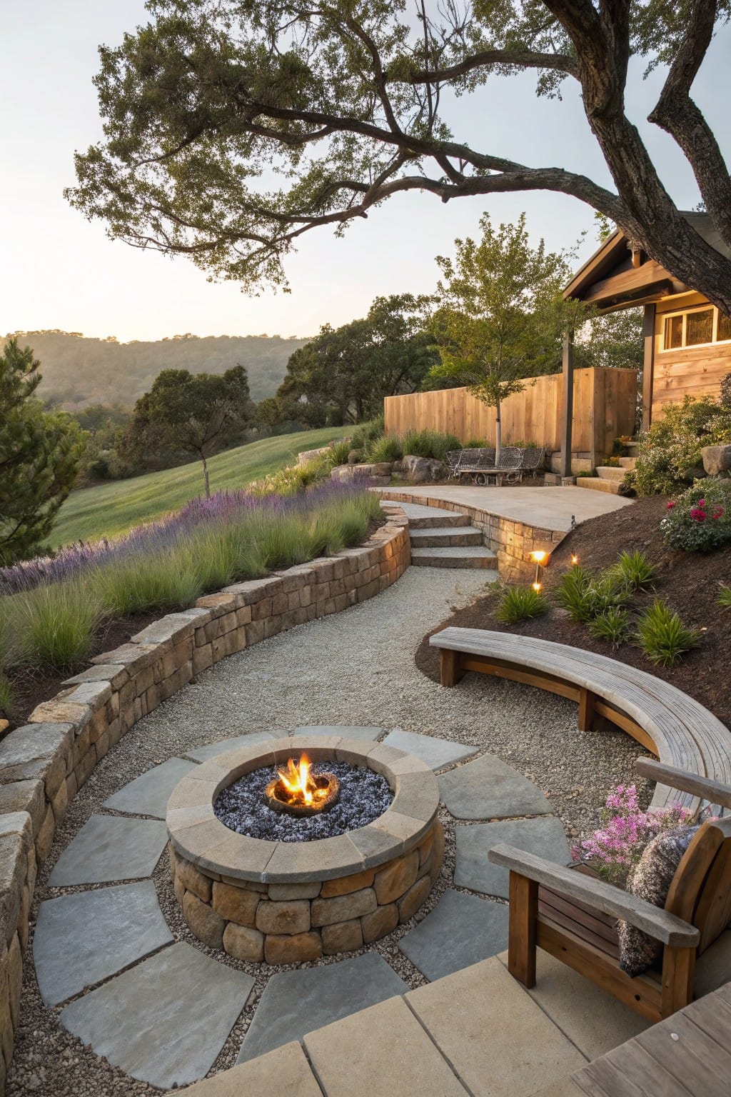 Curved flagstone pathway encircling a stone fire pit, bordered by rock retaining walls with grasses and lavender, curved bench nearby, wooden house structure and hillside view in background.