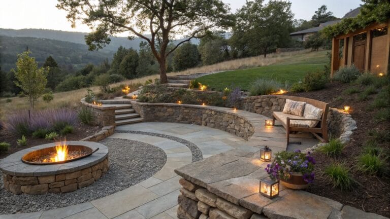 Curved flagstone pathway encircling a stone fire pit, bordered by rock retaining walls with grasses and lavender, curved bench nearby, wooden house structure and hillside view in background.