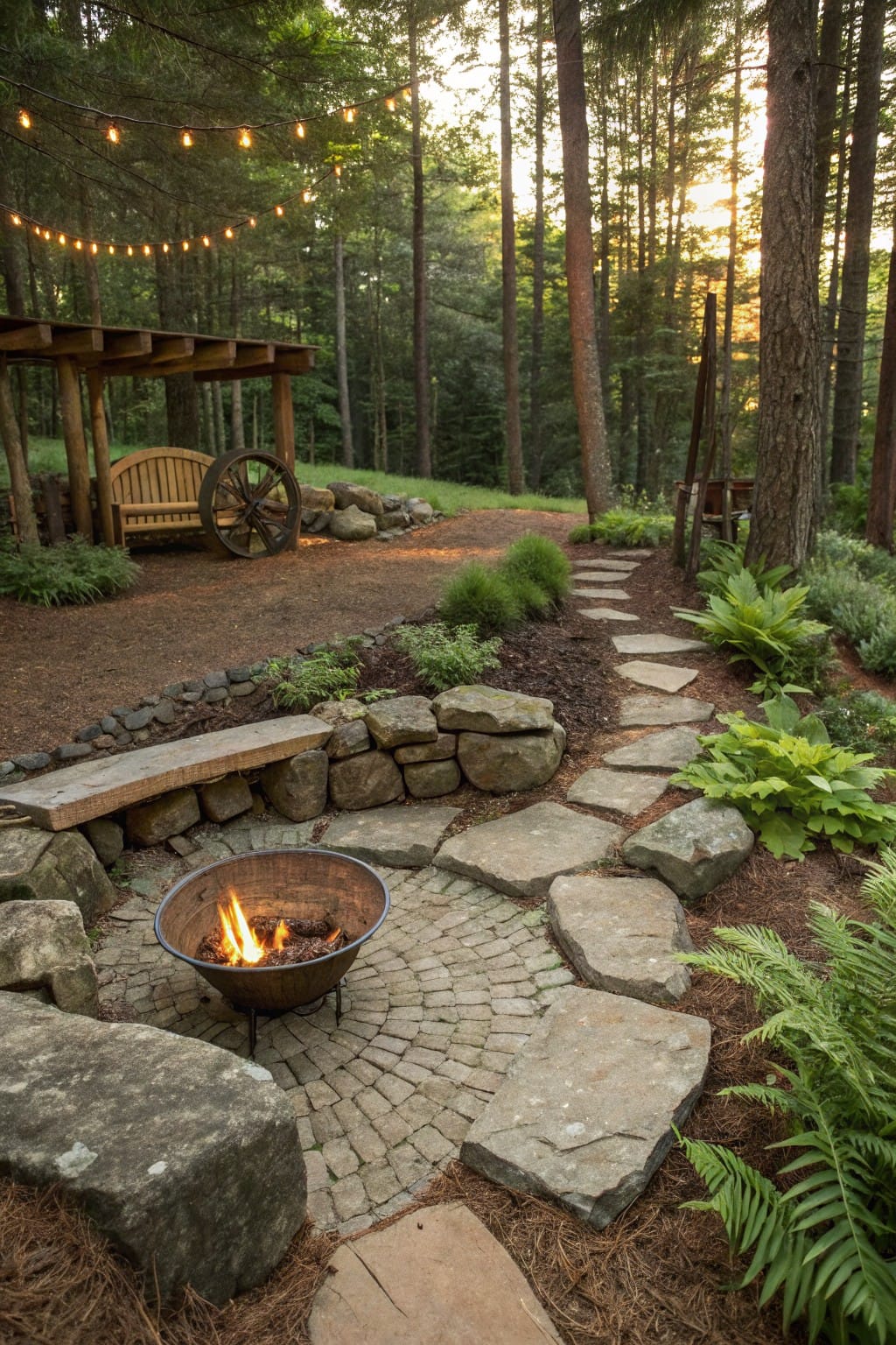 Fire pit in a circular paver surround with large surrounding boulders and adjacent stone bench on rock wall, winding flagstone path through ferns and green plants in wooded backyard, wooden pergola with swing and string lights in background at sunset.
