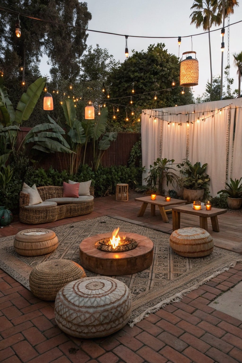 Backyard patio at dusk with central wood fire pit on patterned rug surrounded by woven poufs, curved rattan sofa, low wooden tables with candles, string lights, hanging lanterns, tropical plants, and white draped fence.