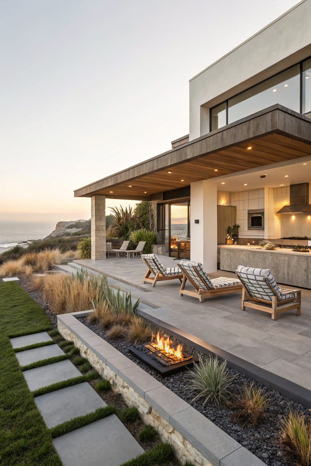 Cliffside outdoor terrace with white modern house, wooden lounge chairs on gray paver patio, linear gas fire pit in rock wall planter with grasses and pebbles, outdoor kitchen, and ocean horizon.