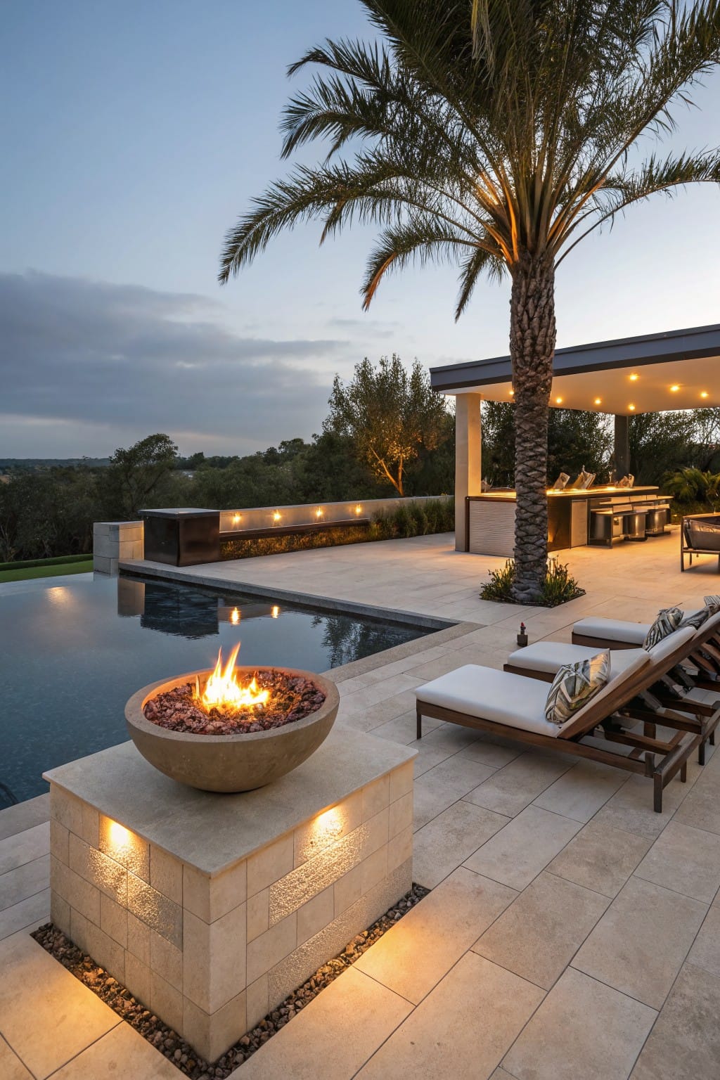Raised stone pedestal with a lit fire pit bowl filled with rocks positioned at the edge of an infinity pool, next to lounge chairs on a tiled deck with a palm tree and covered outdoor bar nearby at dusk.