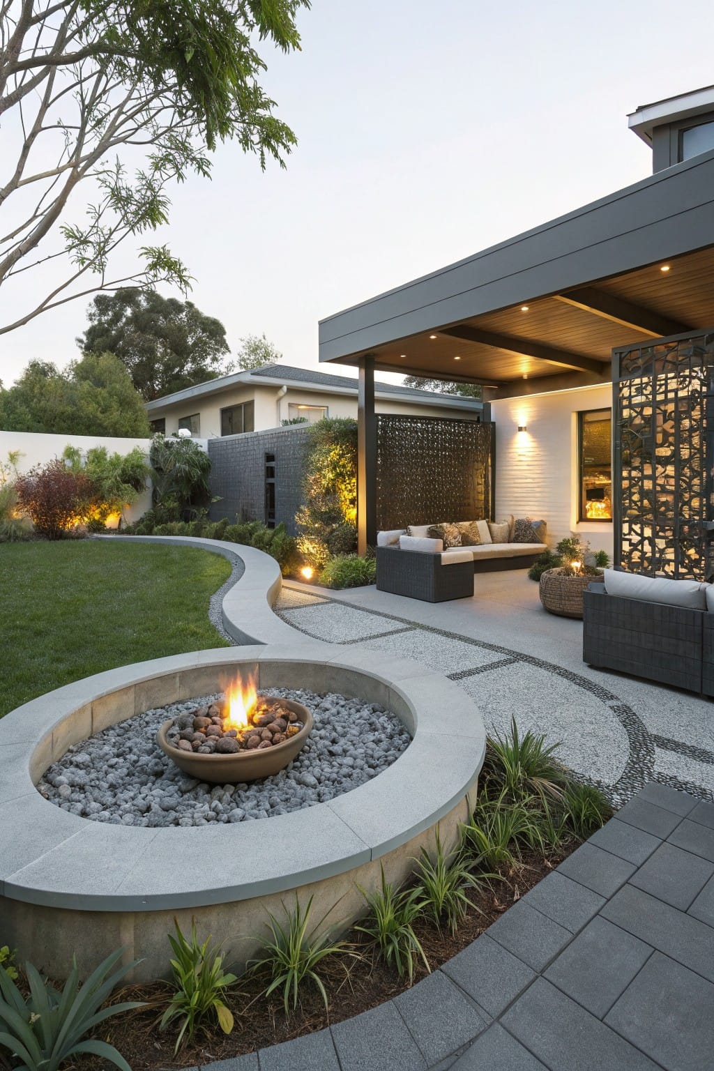 Outdoor patio with circular stone fire pit containing lava rocks and gas flames in a terracotta bowl, curved pebble pathway, wicker lounge seating, plants, screens, and modern house in the background.