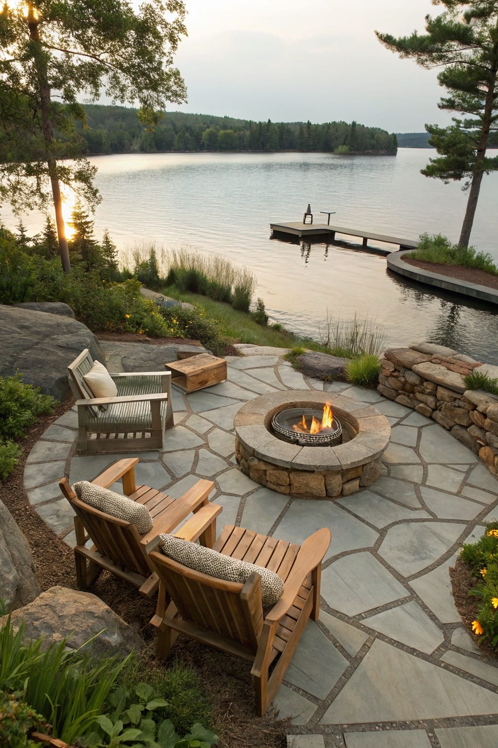Curved slate patio with central circular stone fire pit, two wooden Adirondack chairs, rock borders, plants, and a view of a lake with wooden dock.