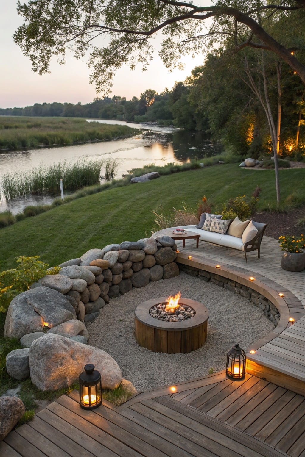 Overhead view of a wooden deck with a central round fire pit surrounded by curved dry-stacked boulder wall, integrated bench seating, lanterns, pillows, and potted plants, overlooking river and grassy slope.