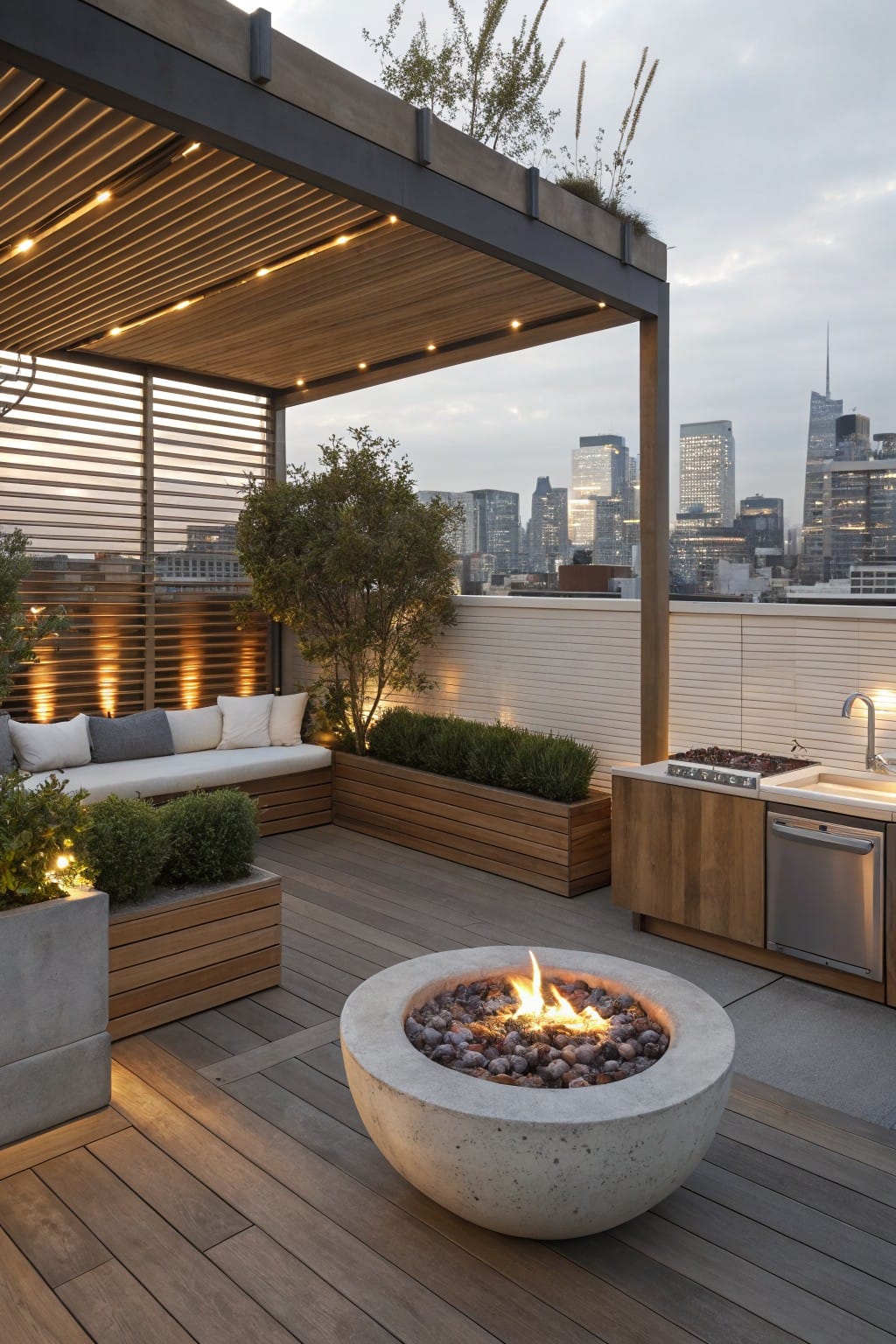 Rooftop terrace deck with central concrete fire pit bowl containing lava rocks and flames, built-in white bench seating, wooden planters with greenery, outdoor kitchen counters, slatted wood pergola, and city skyline in background at dusk.