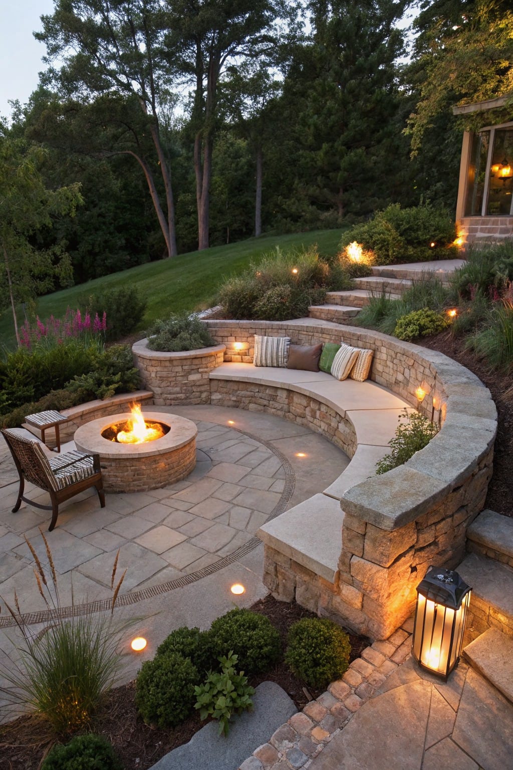 Dusk backyard patio with circular stone fire pit at center, surrounded by curved built-in stone bench on cushions, flanked by stone retaining walls, steps, ornamental grasses, shrubs, and landscape lighting.