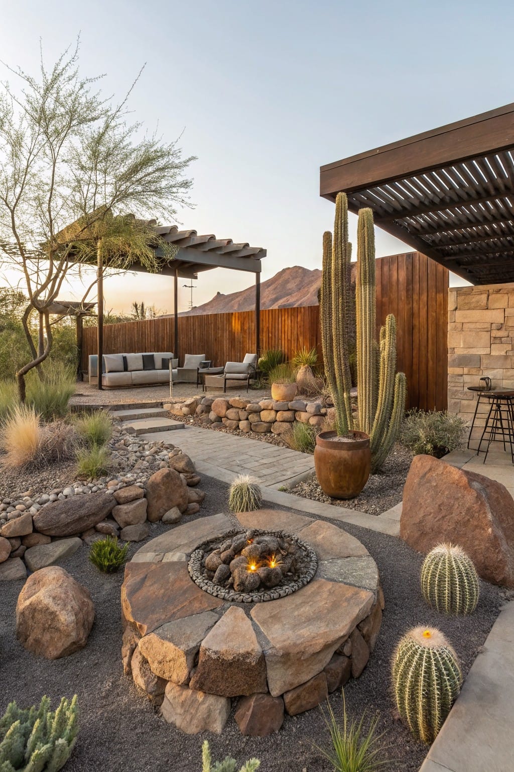 Circular low fire pit made of stacked irregular stones with gas flames, surrounded by large boulders, gravel, small cacti, and a stone path leading to an outdoor seating area with pergola and wooden fence in a desert landscape.
