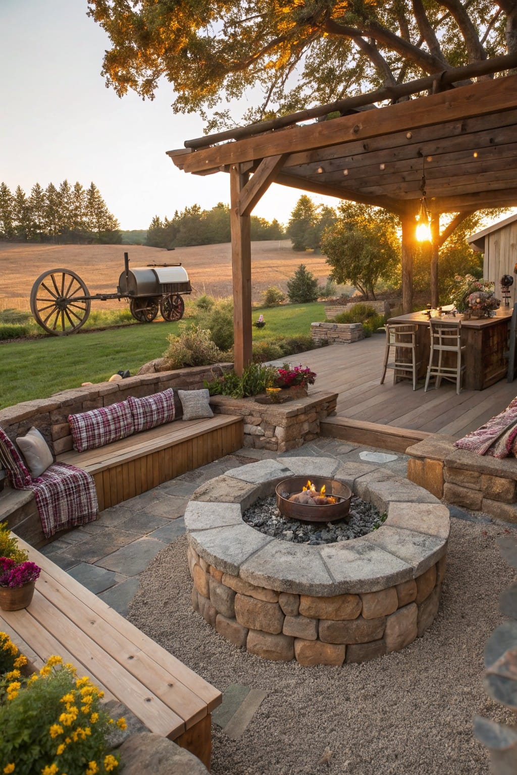 Outdoor patio with a central circular stone fire pit surrounded by low stone walls used as benches, gravel ground cover, connected to a wooden deck under a pergola, an outdoor kitchen nearby, and rural fields in the background at sunset.