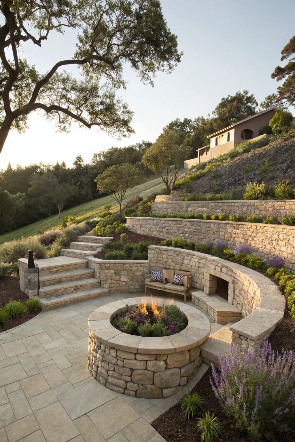 Terraced stone retaining walls on a hillside with a central curved stone fire pit containing plants and flames, built-in benches, paver patio, steps, and surrounding low plants leading up to a house.