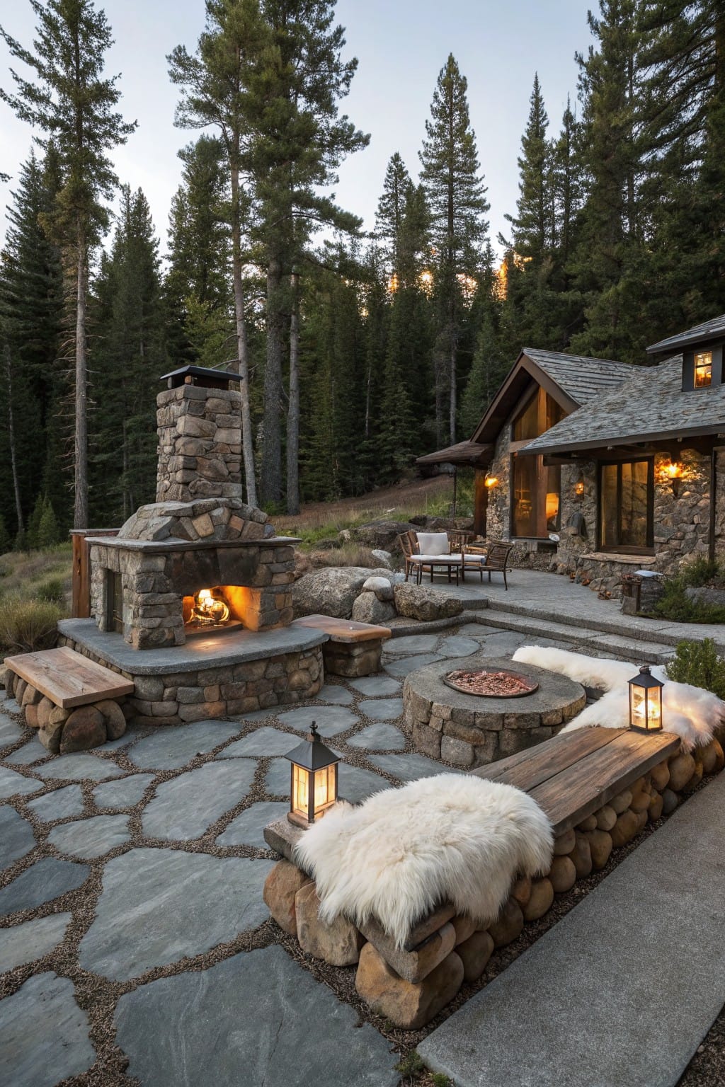 Outdoor patio in a forested area with a large curved stone fireplace, built-in wooden benches, a circular stone fire pit, lanterns, chairs, and a stone cabin house nearby at dusk.