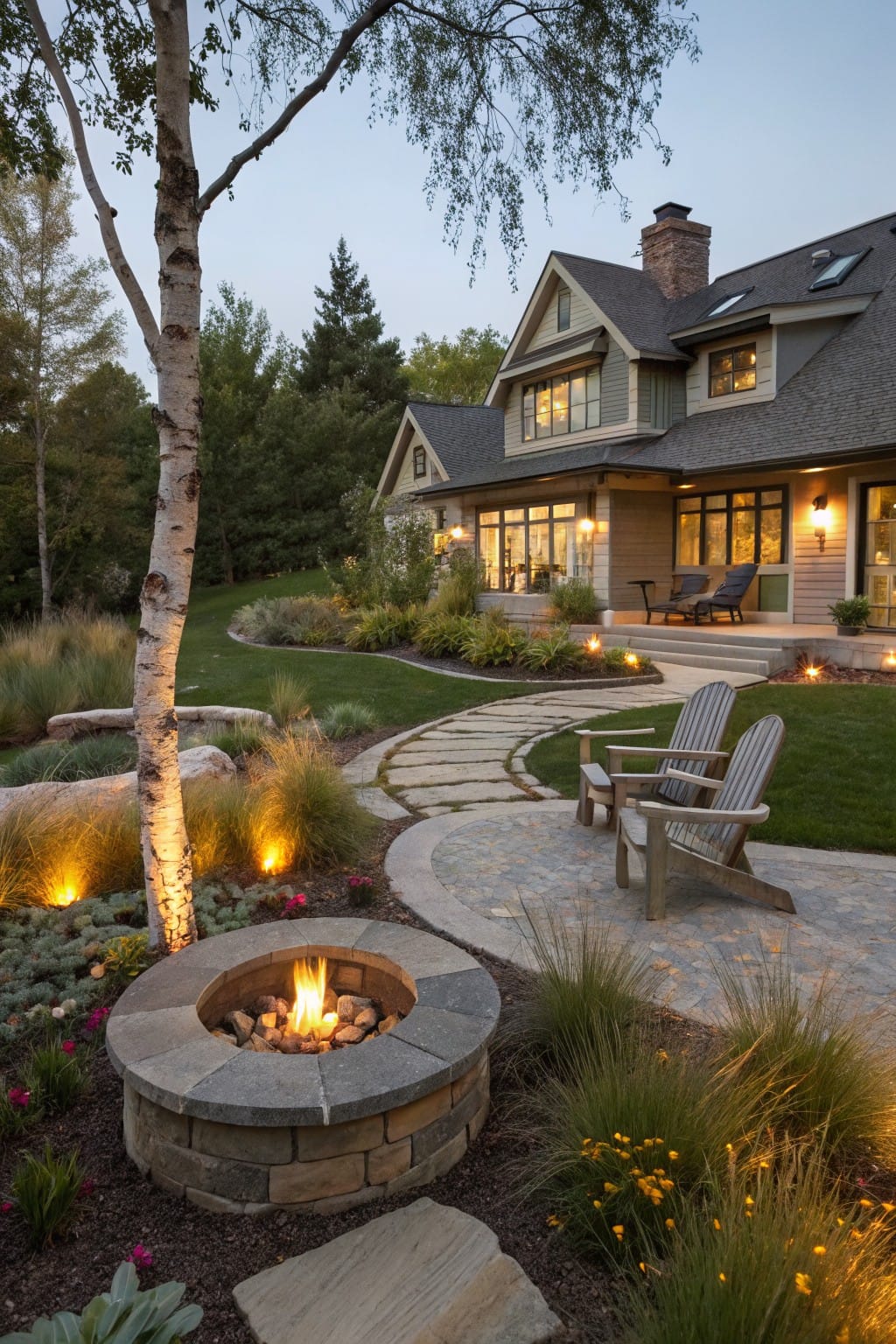 Dusk photo of a backyard stone paver patio with a circular stacked-stone fire pit containing burning logs and lava rocks, two wooden Adirondack chairs, curved stone pathway, lit ornamental grasses and plants, large birch tree, rock outcrops, and shingle-style house exterior in background.