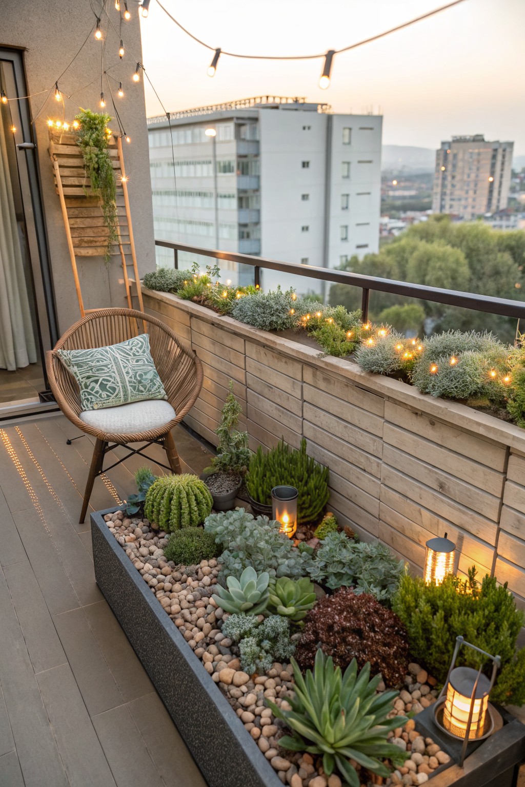 A city balcony with a large black rectangular planter box filled with white pebbles and various succulents including agaves and cacti, a rattan chair with green cushion, string lights, lanterns, and plants along the wooden railing.