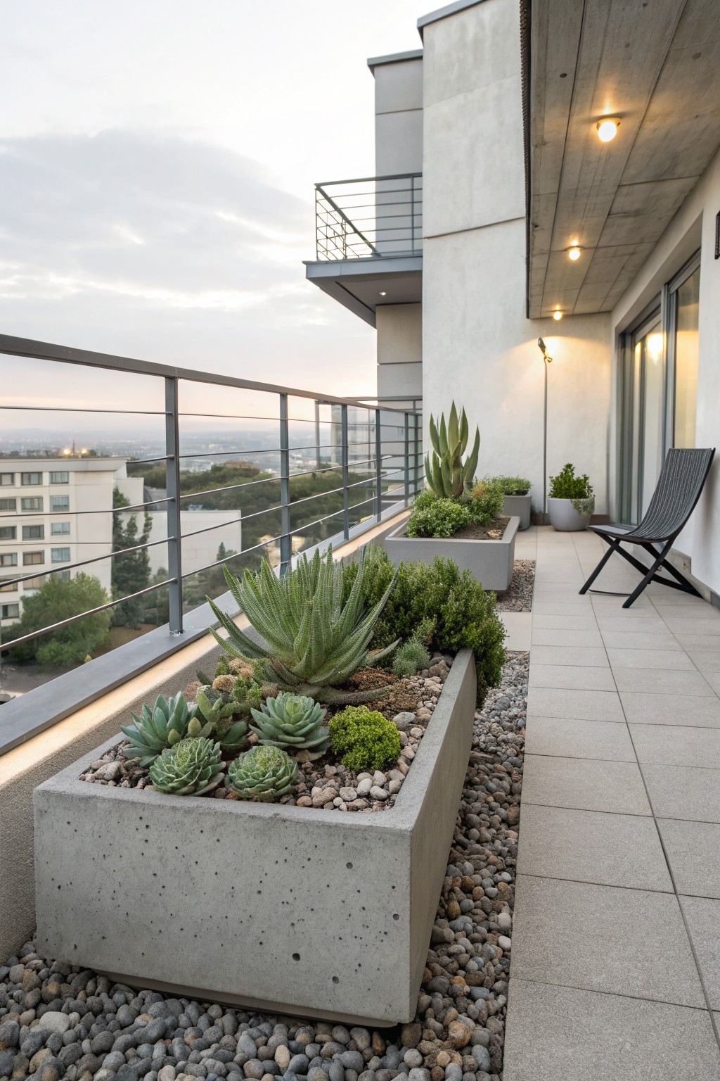 A contemporary balcony with large gray concrete planters filled with succulents and pebbles, two lounge chairs, metal railing, and cityscape view in evening light.