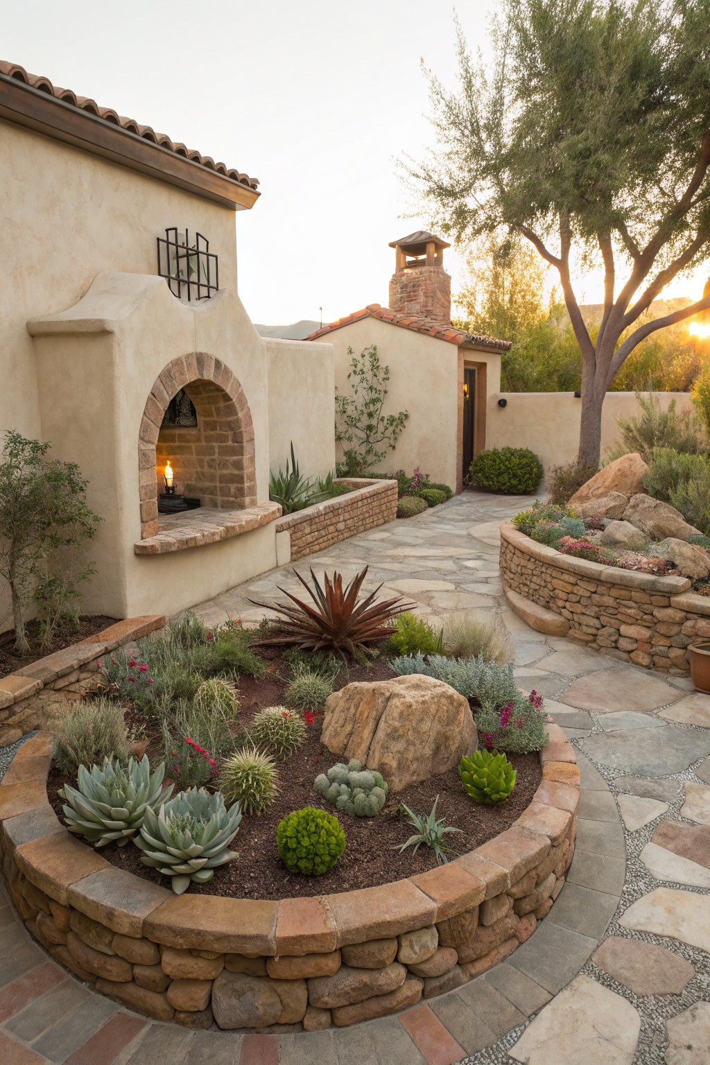Outdoor landscaping with a circular raised stone bed planted with agave succulents, cactus, and rocks, surrounded by flagstone paths, additional rock gardens, and a stucco house wall featuring a lit arched fire pit niche at sunset.