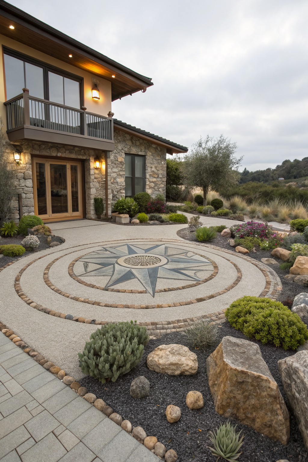 Stone and wood house exterior featuring a large circular compass rose inlay in a gravel garden bed with succulents, rocks, and boulders, adjacent to a paver path and entry doors.