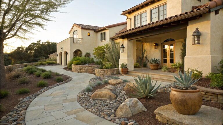 25 Lush Succulent Rock Garden Flower Bed Landscaping That Lasts Beige stucco house with red tile roof, arched wooden entry door, and lanterns, approached by curving flagstone path winding through gravel beds with agave succulents, rocks, stone walls, and potted plants in a desert landscape at sunset.