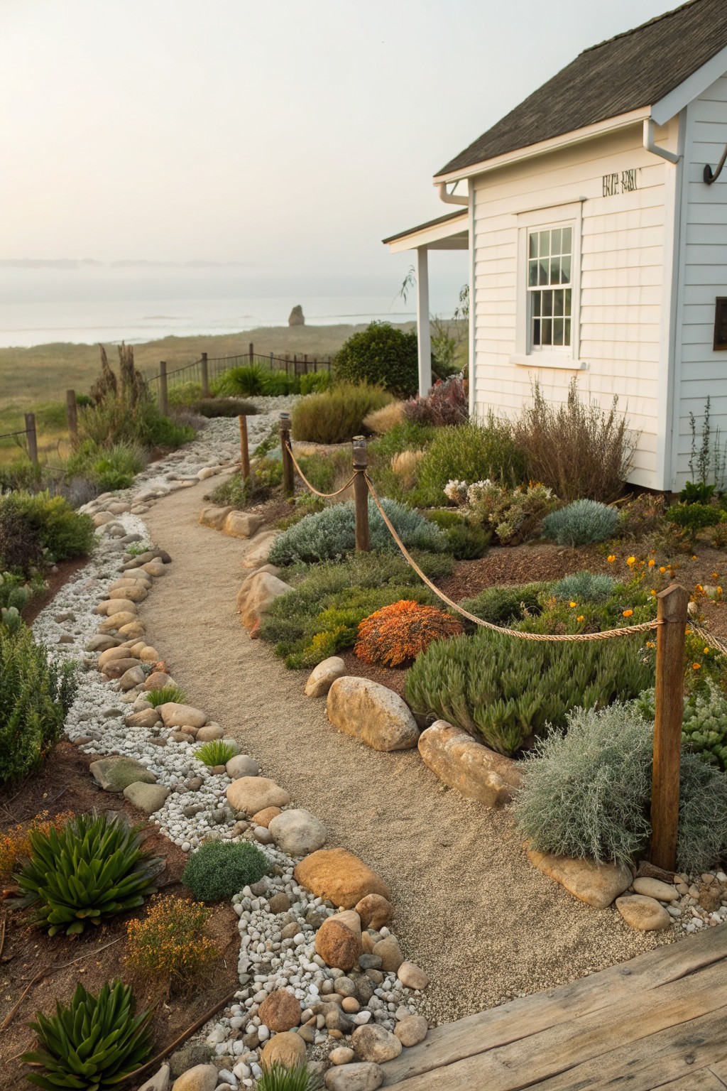 A curved gravel path edged with large boulders and clusters of succulents and grasses leads toward a white shingled house with an ocean view in the background.